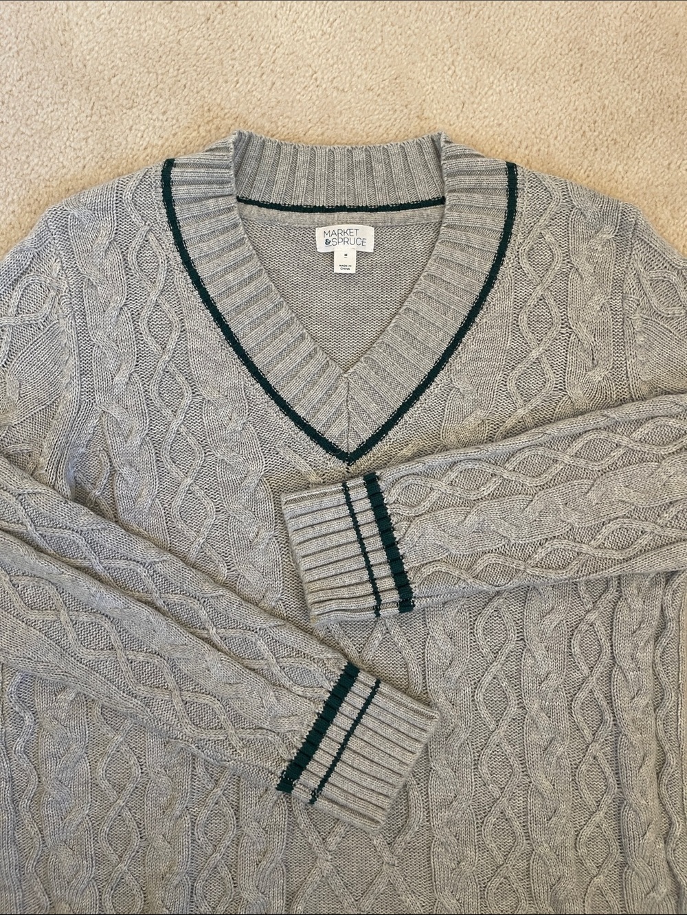 Classic and Preppy Cable Knit V-Neck Sweater with Contrast Trim - Light Gray - Picture 4 of 6